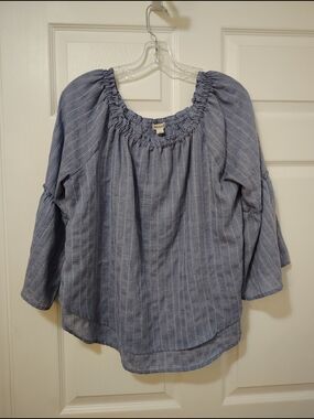Westport Light Blue Striped Scoop-Neck Boho Blouse